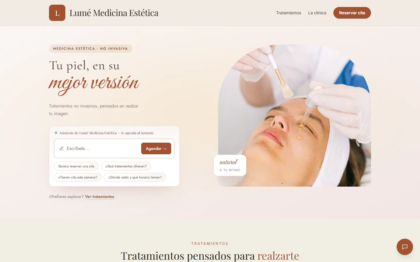 Página de inicio de Clínica Lumé en escritorio, hecha con Miora